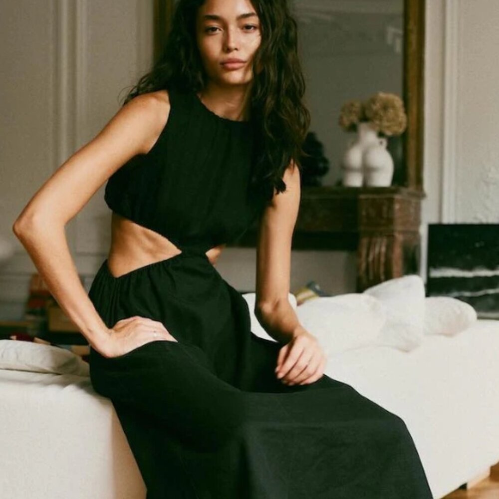 NWOT Faithfull The Brand Zeta Linen A Line Cut-out Midi Dress in Black S $329